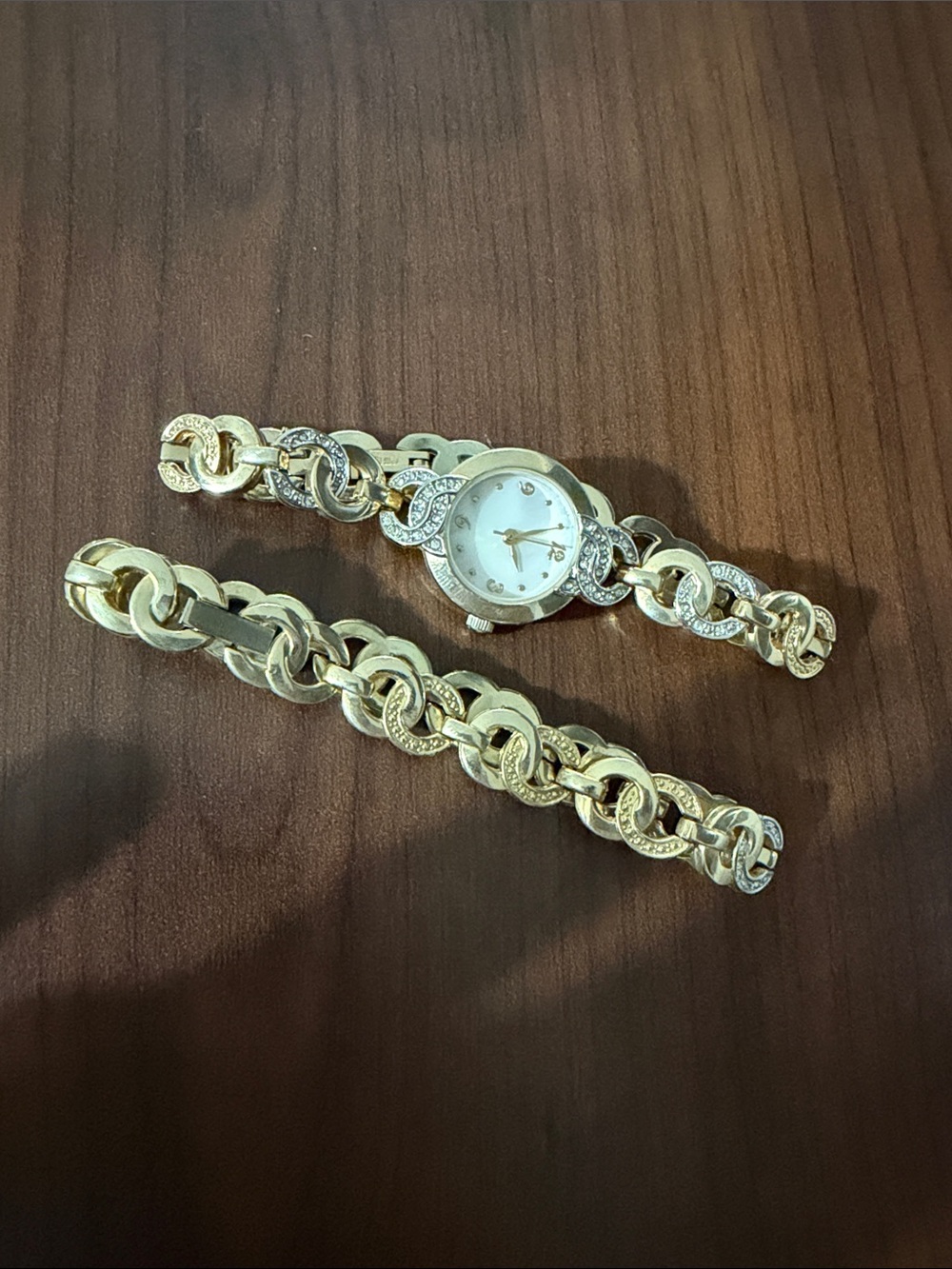 Gold-Tone Linked Bracelet Watch with Rhinestone Accents